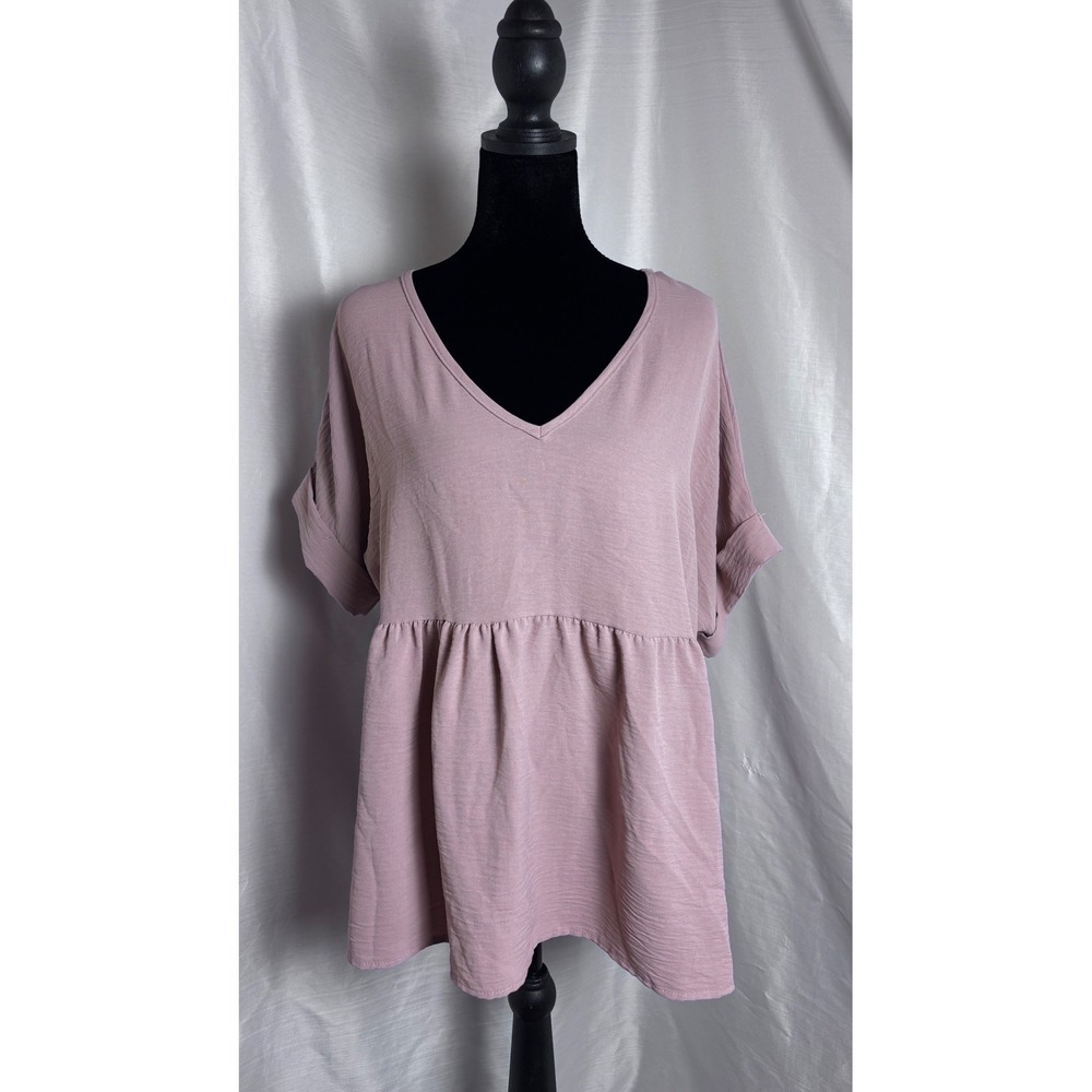Entro Babydoll Peplum Top Women Small Mauve Pink V-Neck Short Sleeve Excellent
